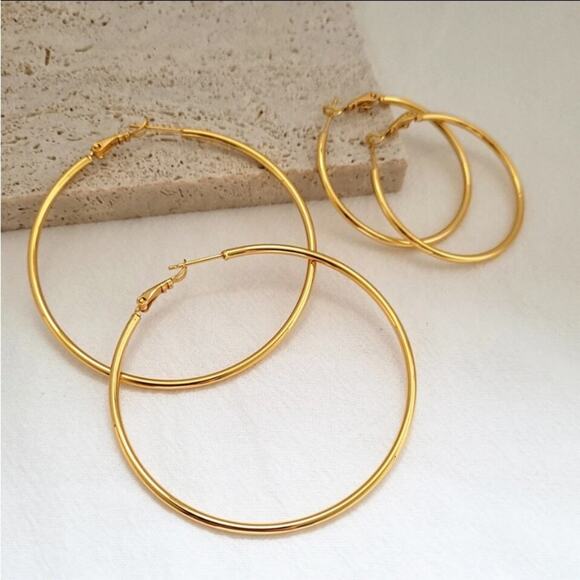 Gold Hoops, 50mm, Thin, Lightweight, Gold Plated, Punk - Picture 5 of 10
